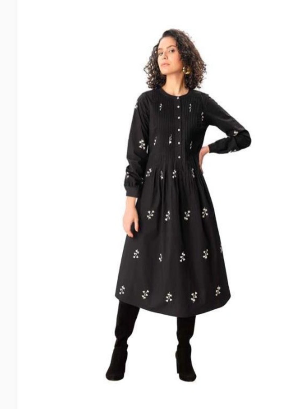 Wayward Fancies/eShakti Pintuck Pleat Floral Embroidery Cotton Poplin Shirtdress